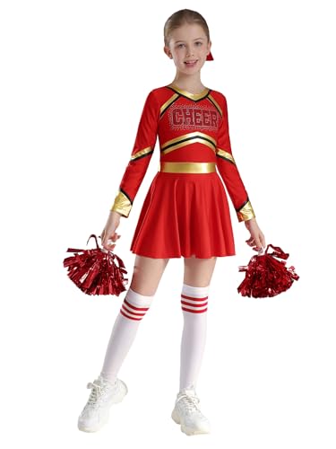 Nyeemya Cheer Leader Kostüm Mädchen Cheerleaderin Uniform Pailletten Langarm Tanzkleid mit Kopfbedeckung Socken Pompons Poms Karneval Fasching Party Rot 110-116 von Nyeemya