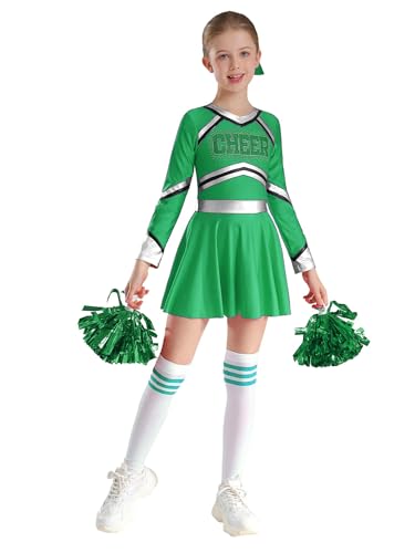 Nyeemya Cheer Leader Kostüm Mädchen Uniform Pailletten Langarm Tanzkleid Cheerleading Karneval Fasching Halloween Kostüm Kleid mit Pompoms Grün 170 von Nyeemya