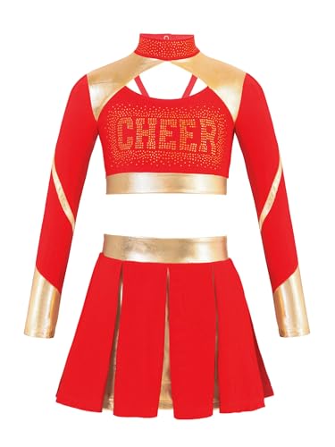 Nyeemya Cheer leader Kostüm Kinder Mädchen Cheerleading Uniform Langarm Crop Top mit Minirock Halloween Karneval Fasching Kostüm Rot 134-140 von Nyeemya