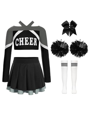 Nyeemya Cheerleadering Kostüm Kinder Cheer Uniformen Buchstaben Drucken Crop Top Faltenrock mit Pompons Socken und Haarzubehör Schwarz-Weiss A 146-152 Nyeemya Cheerleadering Kostüm Kinder Cheer Uniformen Buchstaben Drucken Crop Top Faltenrock mit Pompons Socken und Haarzubehör Schwarz-Weiss A 146-152 von Nyeemya