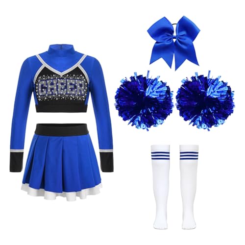 Nyeemya Cheerleadering Kostüm Kinder Cheer Uniformen mit Pompons Socken und Haarzubehör Karneval Outfit 5-16 Jahre Blau 110-116 von Nyeemya