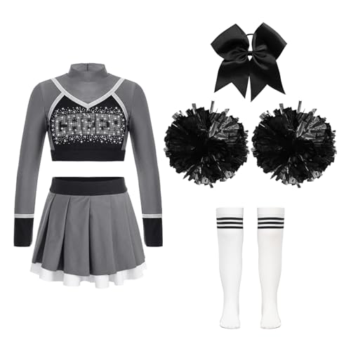 Nyeemya Cheerleadering Kostüm Kinder Cheer Uniformen mit Pompons Socken und Haarzubehör Karneval Outfit 5-16 Jahre Grauschwarz 158-164 von Nyeemya