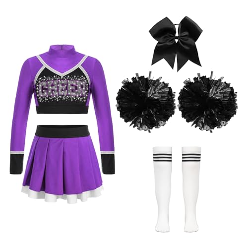 Nyeemya Cheerleadering Kostüm Kinder Cheer Uniformen mit Pompons Socken und Haarzubehör Karneval Outfit 5-16 Jahre Lila & Schwarz 122-128 von Nyeemya