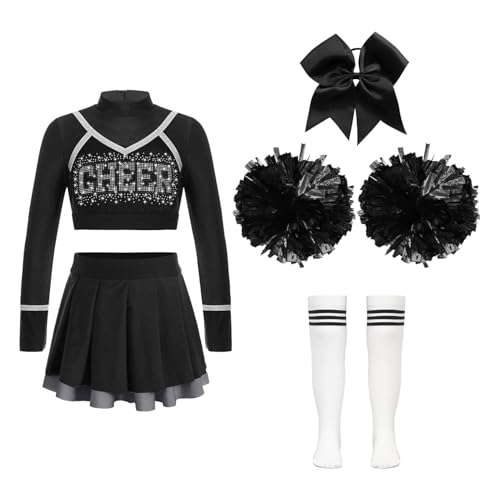 Nyeemya Cheerleadering Kostüm Kinder Cheer Uniformen mit Pompons Socken und Haarzubehör Karneval Outfit 5-16 Jahre Schwarz 170 von Nyeemya