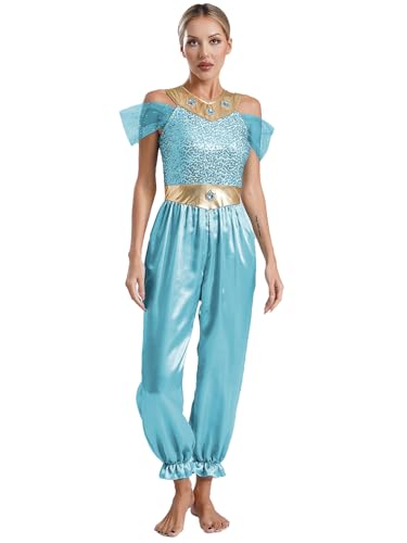 Nyeemya Damen Arabische Prinzessin Kostüm Orientalische Indische Kleidung Schulterfrei Pailletten Overall Arabischer Bauchtanz Kostüm Hellblau 3XL von Nyeemya