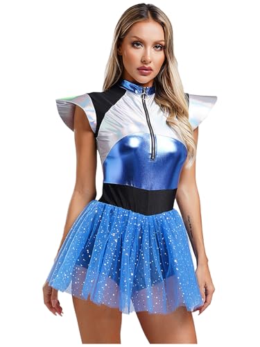 Nyeemya Damen Astronaut Kostüm Overall Metallic Einteiliger Bodysuit Fliege Ärmel Pailletten Tüll Rock Raumfahrer Uniform Rollenspiel Kostüm Blau M von Nyeemya