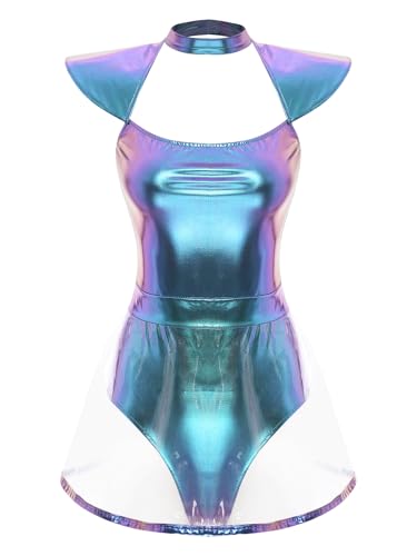 Nyeemya Damen Astronaut Kostüm Overall Metallic Einteiliger Bodysuit Raumfahrer Uniform Halloween Rollenspiel Kostüm Blau A 3XL von Nyeemya