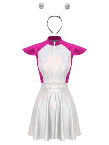 Nyeemya Damen Astronaut Kostüm Space Girl Kleid mit Tüllrock Glänzend Metallic Kleid mit Silber Haarreif Stirnband Rollenspiel Kostüm Hot Pink M von Nyeemya