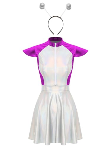 Nyeemya Damen Astronaut Kostüm Space Girl Kleid mit Tüllrock Glänzend Metallic Kleid mit Silber Haarreif Stirnband Rollenspiel Kostüm Violett 3XL von Nyeemya