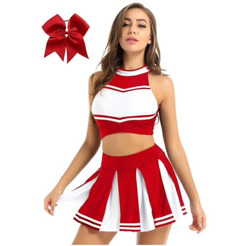 Nyeemya Damen Cheerleadering Kostüm Karneval Faschings Tanzkostüm Set Cheerleaderuniform Ärmelloses Crop Top mit Faltenrock Kopfbedeckung Rot L von Nyeemya