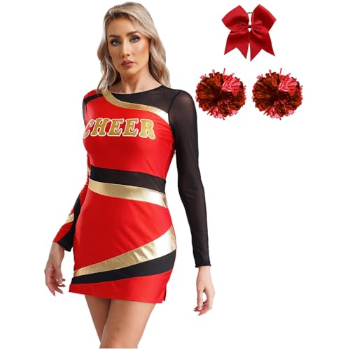 Nyeemya Damen Cheerleading Tanzkleid Langarm Partykleid Patchwork Bodycon Kleid mit Pompoms und Haarband Halloween Fasching Rot L von Nyeemya