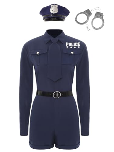 Nyeemya Damen Polizeikostüm Polizei Uniform Bodysuit mit Krawatte Gürtel Requisite und Hut Polizistin Cosplay Halloween Navy blau 3XL von Nyeemya