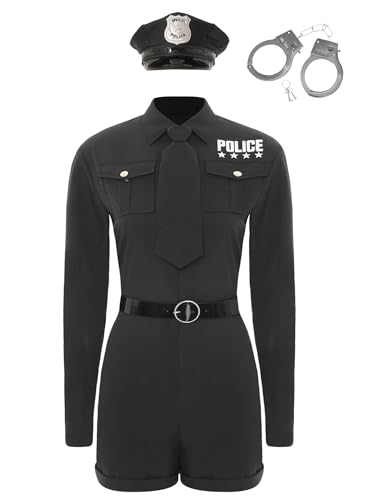 Nyeemya Damen Polizeikostüm Polizei Uniform Bodysuit mit Krawatte Gürtel Requisite und Hut Polizistin Cosplay Halloween Schwarz 3XL von Nyeemya