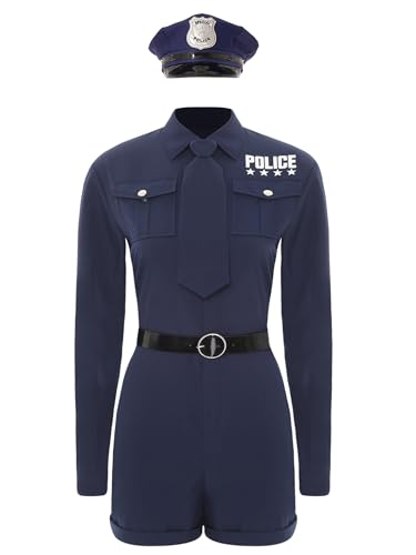 Nyeemya Damen Polizeikostüm Polizei Uniform Bodysuit mit Krawatte Gürtel und Hut Polizistin Cosplay Halloween Fasching Kostüm Navy blau M von Nyeemya