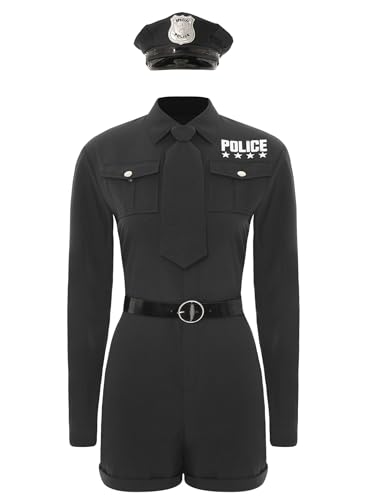 Nyeemya Damen Polizeikostüm Polizei Uniform Bodysuit mit Krawatte Gürtel und Hut Polizistin Cosplay Halloween Fasching Kostüm Schwarz 4XL von Nyeemya