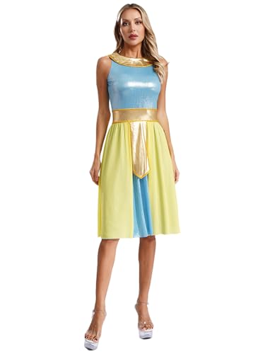 Nyeemya Damen Römische Göttin Antike Karneval Kostüm Griechisches Toga Kleid Ärmellos Metallic Patchwork Römische Kriegerin Outfit Blau L von Nyeemya