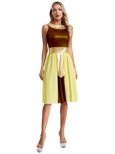 Nyeemya Damen Römische Göttin Antike Karneval Kostüm Griechisches Toga Kleid Ärmellos Metallic Patchwork Römische Kriegerin Outfit Gold 3XL von Nyeemya