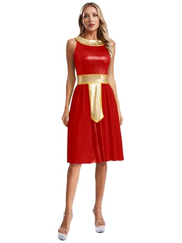 Nyeemya Damen Römische Göttin Antike Karneval Kostüm Griechisches Toga Kleid Ärmellos Metallic Patchwork Römische Kriegerin Outfit Rot 3XL von Nyeemya