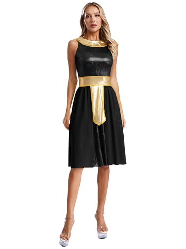 Nyeemya Damen Römische Göttin Antike Karneval Kostüm Griechisches Toga Kleid Ärmellos Metallic Patchwork Römische Kriegerin Outfit Schwarz 3XL von Nyeemya