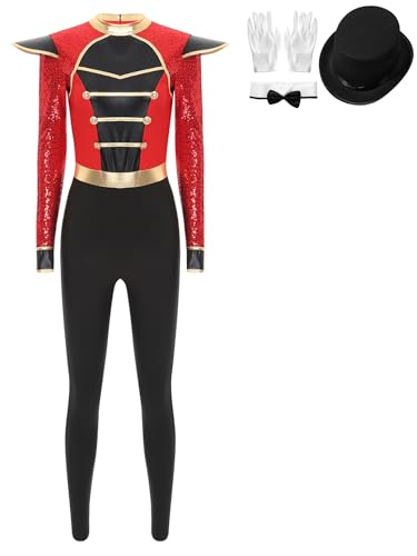 Nyeemya Damen Zirkus Kostüm Langarm Overall Bodysuit mit Mütze Handschuhe und Fliege Zirkusdirektorin Cosplay Halloween Rot 3XL von Nyeemya