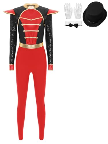 Nyeemya Damen Zirkus Kostüm Langarm Overall Bodysuit mit Mütze Handschuhe und Fliege Zirkusdirektorin Cosplay Halloween Schwarz 3XL von Nyeemya