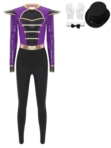 Nyeemya Damen Zirkus Kostüm Langarm Overall Bodysuit mit Mütze Handschuhe und Fliege Zirkusdirektorin Cosplay Halloween Violett 3XL von Nyeemya