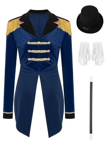 Nyeemya Damen Zirkus Kostüm Vintage Mantel Frack Revers Langarm Samt Jacke mit Hut Zauberstab Handschuhe Set Halloween Karneval Kostüm Navy blau 3XL von Nyeemya