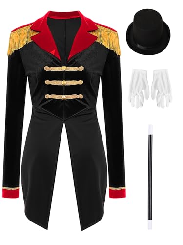 Nyeemya Damen Zirkus Kostüm Vintage Mantel Frack Revers Langarm Samt Jacke mit Hut Zauberstab Handschuhe Set Halloween Karneval Kostüm Schwarz 3XL von Nyeemya