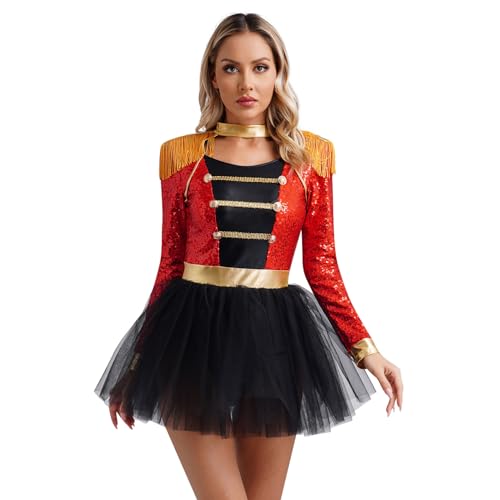 Nyeemya Damen Zirkus Kostüm Zirkusdirektor Kleid mit Quasten Zirkusdirektorin Kostüm Halloween Karneval Glitzer Tanzkleid Mottoparty Rot 3XL von Nyeemya