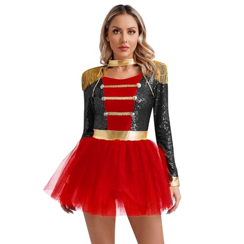 Nyeemya Damen Zirkus Kostüm Zirkusdirektor Kleid mit Quasten Zirkusdirektorin Kostüm Halloween Karneval Glitzer Tanzkleid Mottoparty Schwarz L von Nyeemya