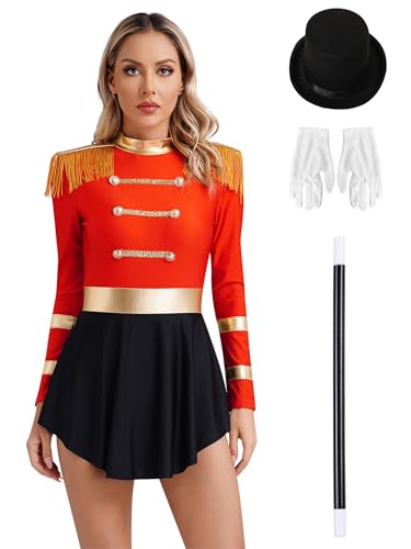 Nyeemya Damen Zirkus Magier Cosplay Kostüm Langarm Ringmaster Kleid Bodysuit mit Hut Handschuhe Zauberstab Set Rot L von Nyeemya