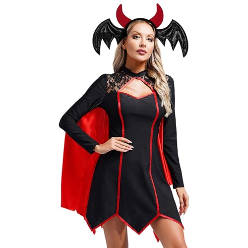 Nyeemya Halloween Kostüm Damen Gothic Vintage Hexen Vampir Kleid Unregelmäßiger Saum Minikleid mit Haarreifen für Karnevalsparty Schwarz L von Nyeemya