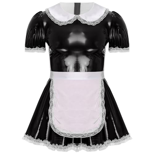 Nyeemya Herren Dienstmädchen Kostüm Lack Leder Kleid Hausmädchen Kostüm Set Faschingskostüm Karneval Party Schwarz XL von Nyeemya