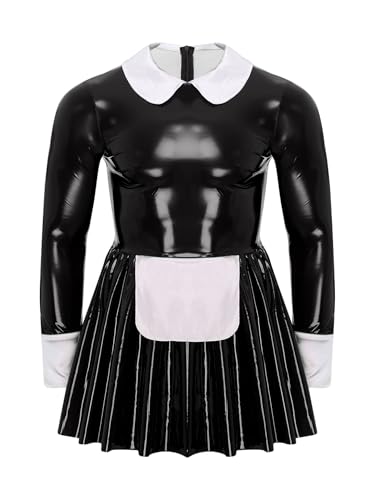 Nyeemya Herren Zimmermädchen Kostüm Sissy Maid Lackleder Kleid Langarm Glänzend Lackleder Französisches Dienstmädchen Kostüm Schwarz 3XL von Nyeemya