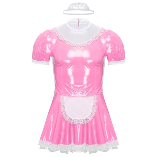 Nyeemya Herren Zimmermädchen Kostüm Wetlook Sissy Kleid Lackleder Maid Kleid Französisches Dienstmädchen Kostüm Cosplay Party Clubwear Rosa XL von Nyeemya