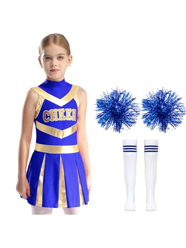 Nyeemya Kinder Cheer Leader Kostüm Mädchen Cheerleaderin Uniform Ärmellos Tanzkleid Plissiert Kleid Mit Socken Pompons Poms für Karneval Fasching Party B Blau 134-140 von Nyeemya