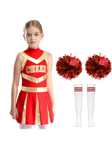 Nyeemya Kinder Cheer Leader Kostüm Mädchen Cheerleaderin Uniform Ärmellos Tanzkleid Plissiert Kleid Mit Socken Pompons Poms für Karneval Fasching Party Ein Rot 122-128 von Nyeemya