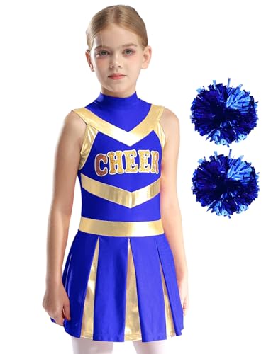 Nyeemya Kinder Cheer Leader Kostüm Mädchen Uniform Ärmellos Tanzkleid Plissiert Kleid mit Pompons Poms für Karneval Fasching Party Ein blaues 170 von Nyeemya