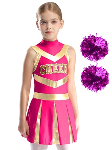 Nyeemya Kinder Cheer Leader Kostüm Mädchen Uniform Ärmellos Tanzkleid Plissiert Kleid mit Pompons Poms für Karneval Fasching Party Ein heißes Rosa 122-128 von Nyeemya