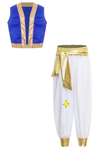 Nyeemya Kinder Jungen Arabian Prince Set Prinz Verkleidung V-Ausschnitt Lose Weste Und Super Weiche Hose Karneval Fasching Königsblau 110-116 von Nyeemya