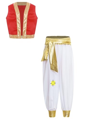 Nyeemya Kinder Jungen Arabian Prince Set Prinz Verkleidung V-Ausschnitt Lose Weste Und Super Weiche Hose Karneval Fasching Rot 110-116 von Nyeemya