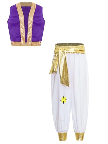 Nyeemya Kinder Jungen Arabian Prince Set Prinz Verkleidung V-Ausschnitt Lose Weste Und Super Weiche Hose Karneval Fasching Violett 110-116 von Nyeemya