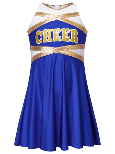 Nyeemya Kinder Mädchen Cheer Leader Kostüm Ärmellos Brief Drucken Tanzkleid Plissiert Kleid Cheerleaderin für Karneval Fasching Party Blau 170 von Nyeemya