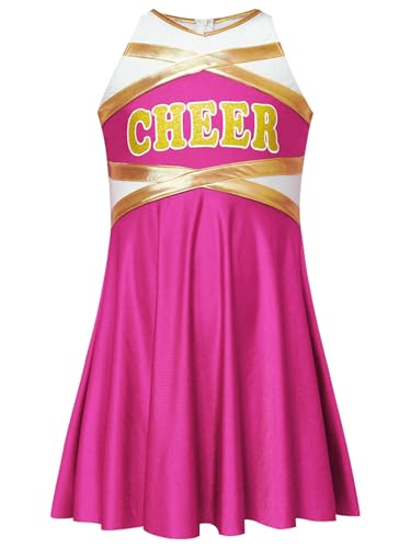 Nyeemya Kinder Mädchen Cheer Leader Kostüm Ärmellos Brief Drucken Tanzkleid Plissiert Kleid Cheerleaderin für Karneval Fasching Party Hot Pink 146-152 von Nyeemya