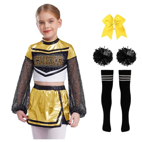 Nyeemya Kinder Mädchen Cheer Leader Kostüm Langarm Tanz Top Metallic Patchwork Oberteil Mit Minirock Schleife Stirnband Pompons Strümpfe Tanzoutfit Gold 122-128 Nyeemya Kinder Mädchen Cheer Leader Kostüm Langarm Tanz Top Metallic Patchwork Oberteil Mit Minirock Schleife Stirnband Pompons Strümpfe Tanzoutfit Gold 122-128 von Nyeemya