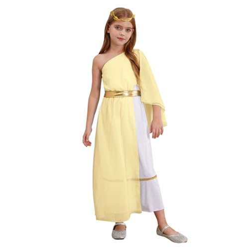 Nyeemya Kinder Mädchen Halloween Antike Griechische Toga Kostüm Römische Prinzessin Kleid mit Stirnband für Karneval Party Gelb 158-164 von Nyeemya