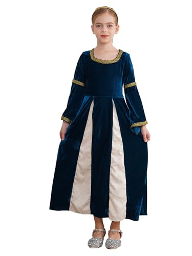 Nyeemya Kinder Mädchen Renaissance Kleid Prinzessinkleid Trompetenärmel Festkleider Vintage Samt Kleid mit Kopfbedeckung Navy blau 104-110 von Nyeemya