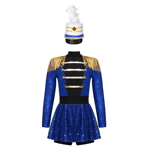 Nyeemya Kinder Mädchen Zirkus Zirkusdirektor Kleid Trommler Uniform Bodysuit Langarm mit Hut Halloween Tanzkleidung Blau 122-128 von Nyeemya