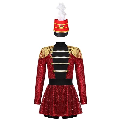 Nyeemya Kinder Mädchen Zirkus Zirkusdirektor Kleid Trommler Uniform Bodysuit Langarm mit Hut Halloween Tanzkleidung Rot 110-116 von Nyeemya