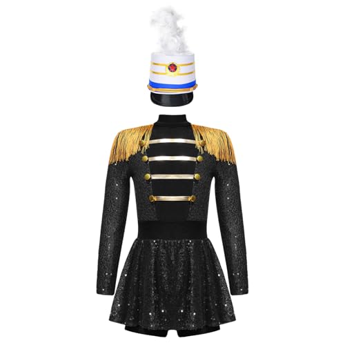 Nyeemya Kinder Mädchen Zirkus Zirkusdirektor Kleid Trommler Uniform Bodysuit Langarm mit Hut Halloween Tanzkleidung Schwarz Blau 110-116 von Nyeemya